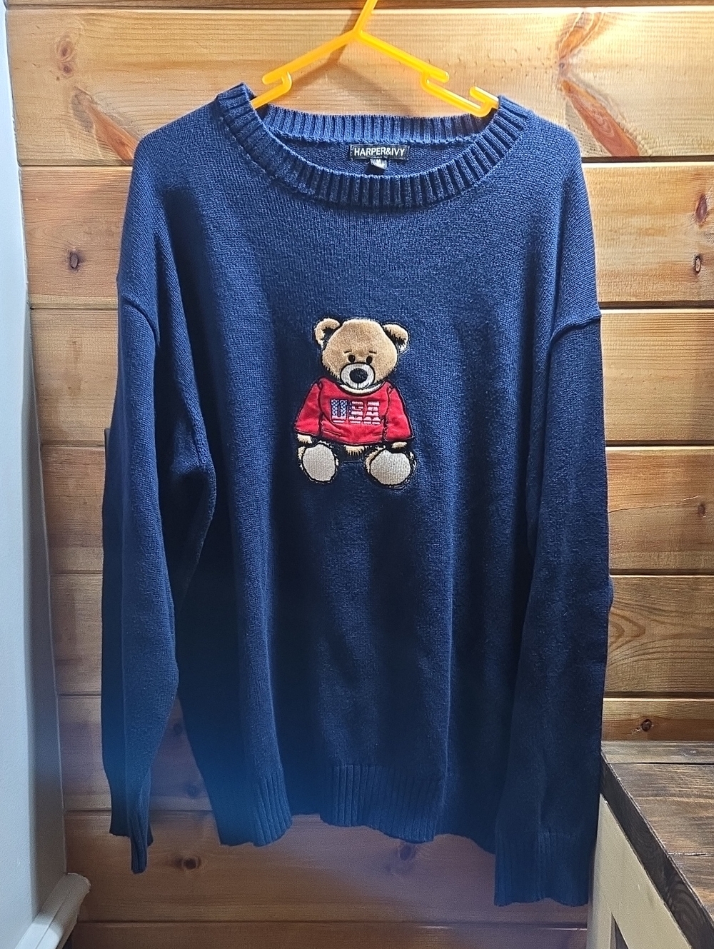 Harper & Ivy Crewneck Sweater with Teddy Bear USA Motif Med Oversized 0745